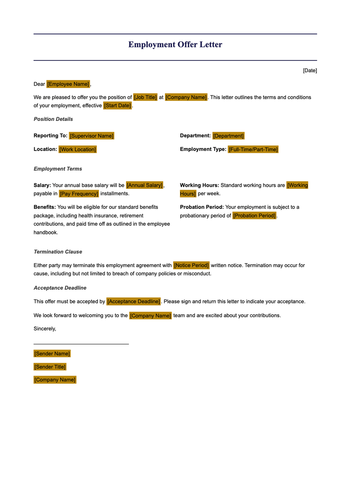 Professional employment offer letter template with placeholder fields_variant_1